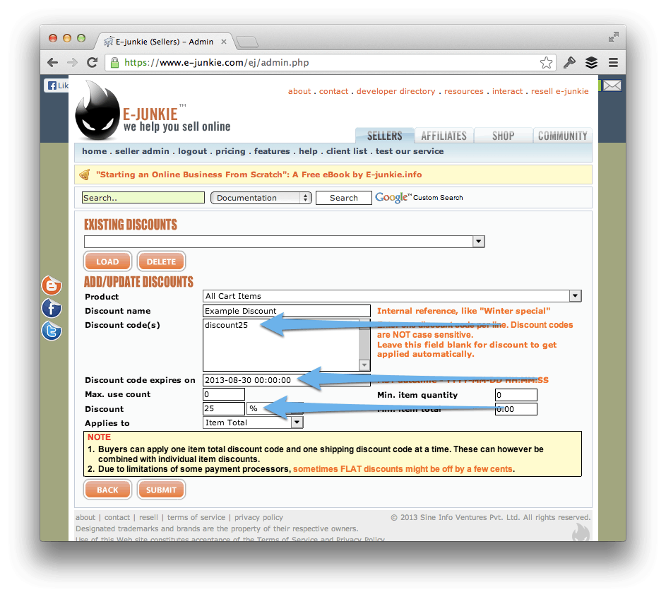 Adding a Discount Code in E-Junkie.