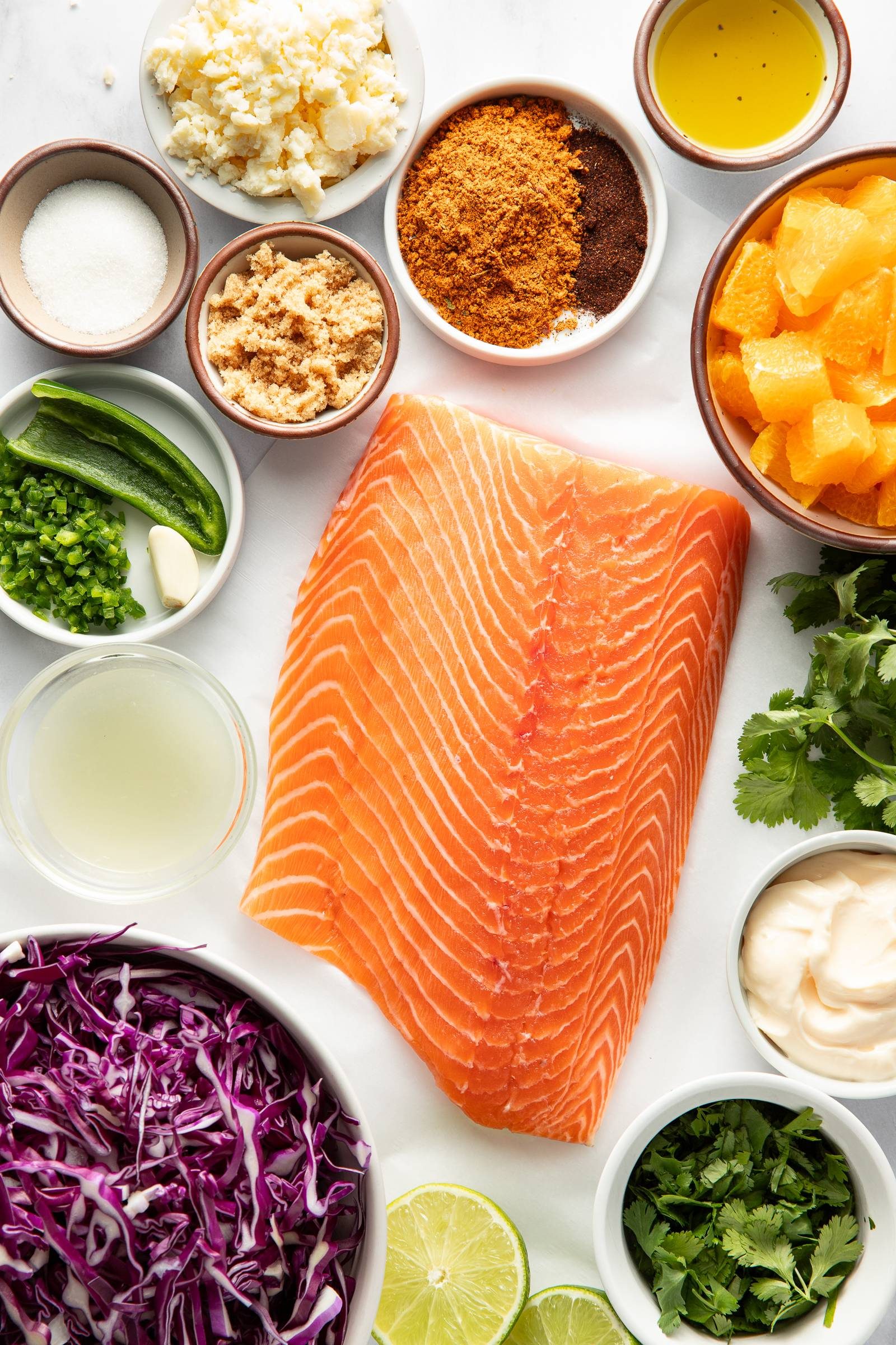 Salmon surrounded by other ingredients - spices, oranges, cilantro, jalapeño, garlic, slaw, and mayonnaise.