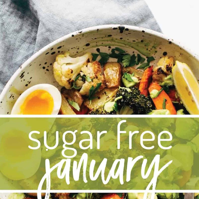 A bowl filled with various vegetables and eggs with a text written over it "Sugar Free January"