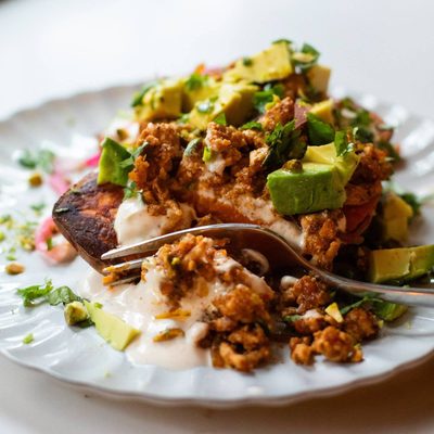 Sweet potato stacker on a plate.
