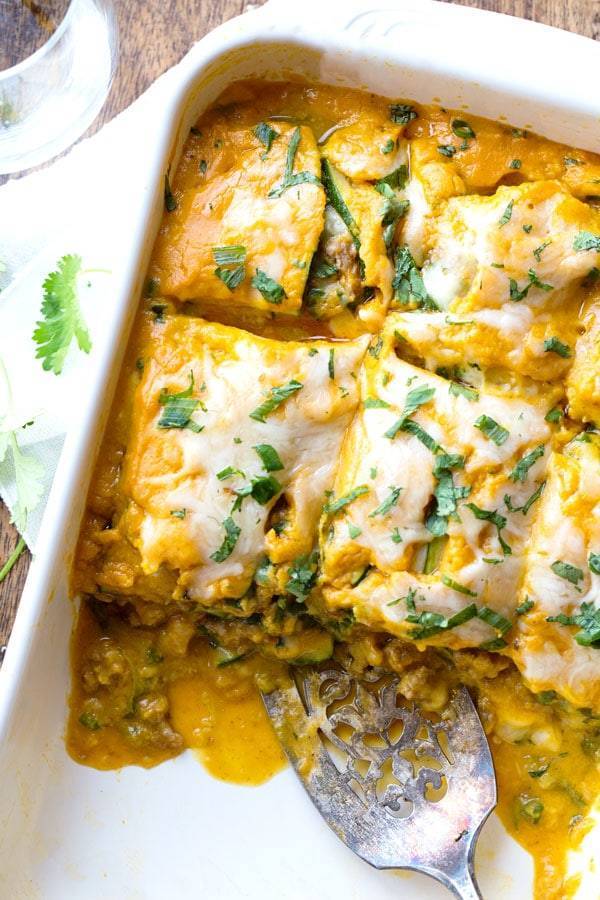 Sausage and Sweet Potato Zucchini Lasagna in a baking dish.