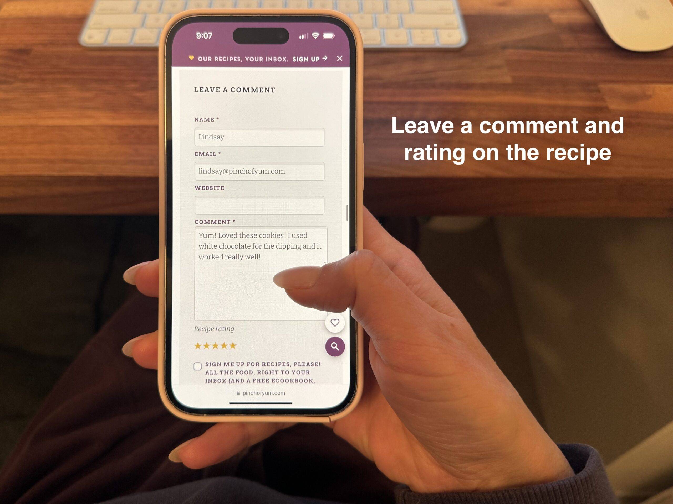 Photo of someone leaving a recipe comment on a phone.