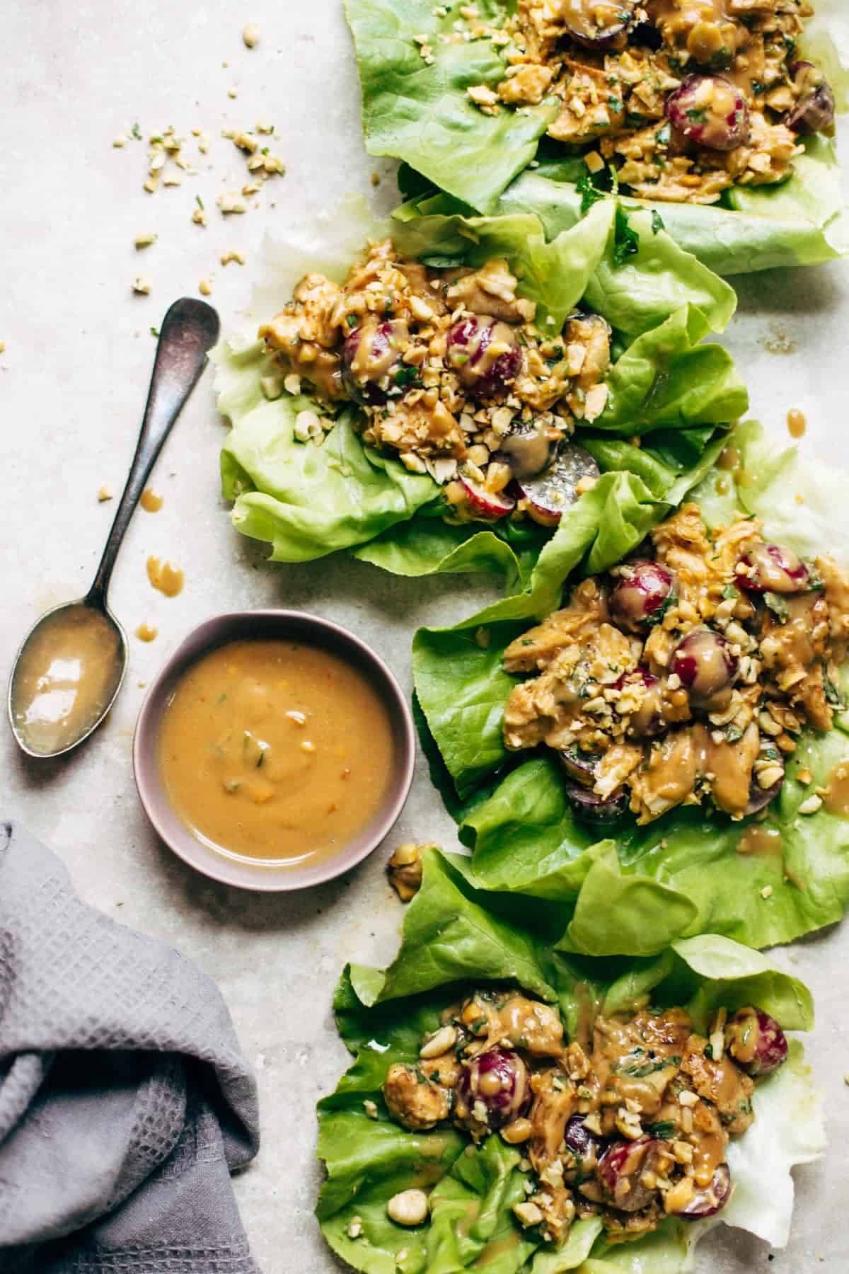 Creamy Miso Peanut Chicken Lettuce Wraps - grilled chicken and juicy grapes tossed with a simple creamy miso-peanut sauce. Super easy and healthy recipe! | pinchofyum.com Creamy Miso Peanut Chicken Lettuce Wraps - grilled chicken and juicy grapes tossed with a simple creamy miso-peanut sauce. Super easy and healthy recipe! | pinchofyum.com