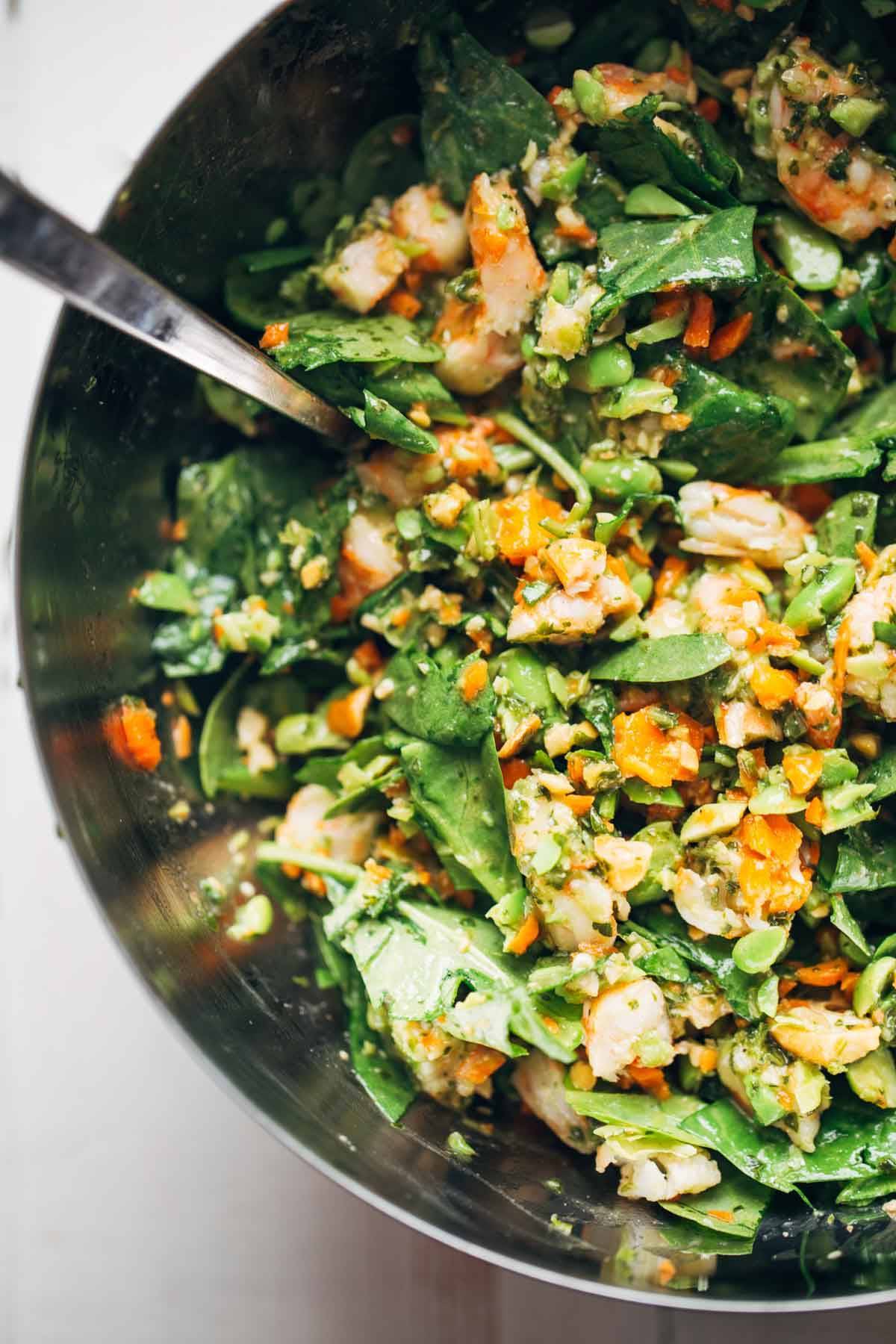 Chopped Thai Shrimp Salad in a mixing bowl.