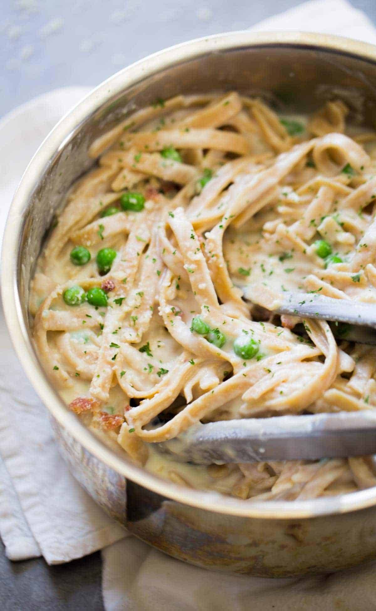 Whole Wheat Fettuccine Alfredo in a pan.